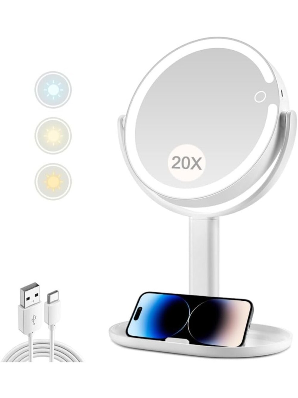 Illuminated 20X Magnifying Makeup Mirror with Touch Switch & 3 Color Lights, 8.8
